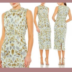 NWT $698 Mac Duggal [ 2 ] Sequined‎ High Neck Sleeveless Midi Dress Sage G1659